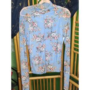 Jade by Jane Y2K Blue Floral Mesh Sheer Long Sleeve Mock Neck Top Women's LG